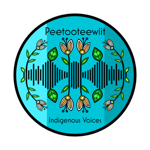 Indigenous Voices Logo; turquoise with sound waves and ojibwe florals